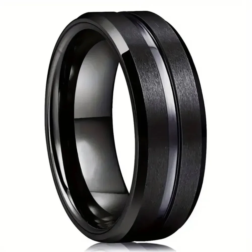 Tungsten Steel Matte Black Brushed Finish Double Beveled minimalist wedding ring